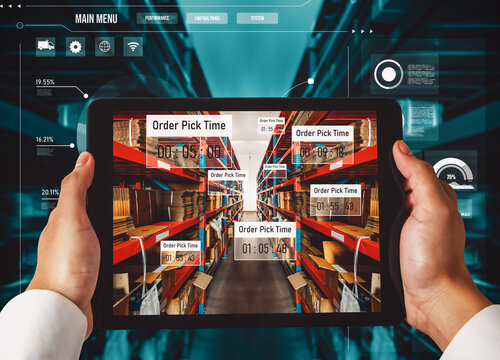 Smart warehouse management system using augmented reality technology to identify package picking and delivery . Future concept of supply chain and logistic business . - Powered by Adobe