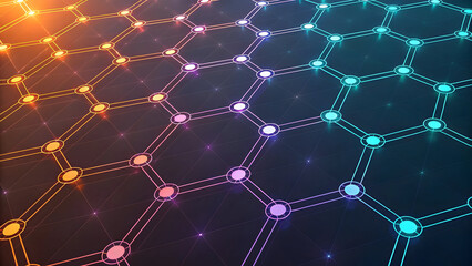 Obraz premium Abstract Network of Glowing Nodes and Lines with Gradient Colors on Dark Surface background new latest web ai background futuristic hud cyber security neural network data tech 2025 2026 ai background