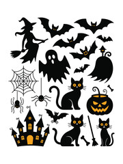 Halloween silhouette collection with bats cats pumpkins Vector illustration