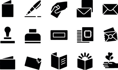 Vector illustration: Black glyph icons of stationery and mail.