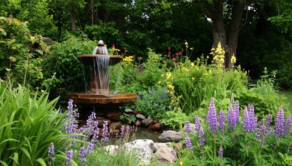 Lush garden with stone fountain, vibrant lupines, and a tranquil pond