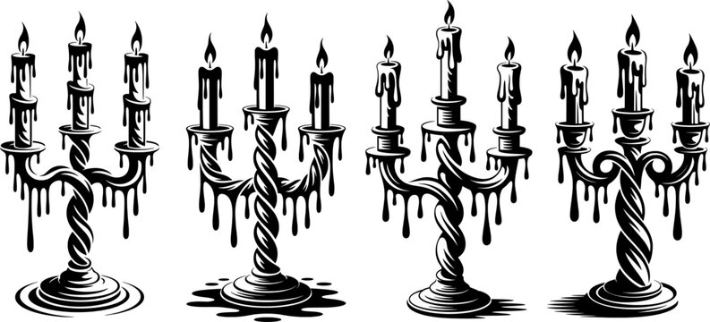 Twisted candelabrum silhouette with melting wax phantoms in gothic stencil style on clean white background, featuring bold black symmetry, sharp abstract drips, and ornate vector outlines