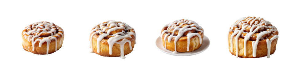  Set of Freshly baked cinnamon rolls with icing glaze on top isolated on transparent background