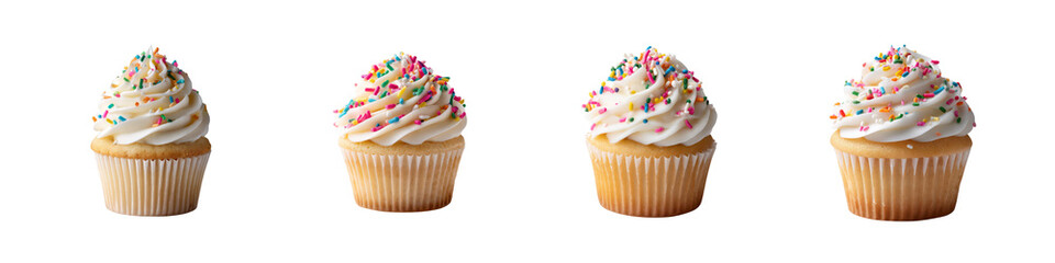  Set of Vanilla Cupcakes with Frosting and Colorful Sprinkles isolated on transparent background