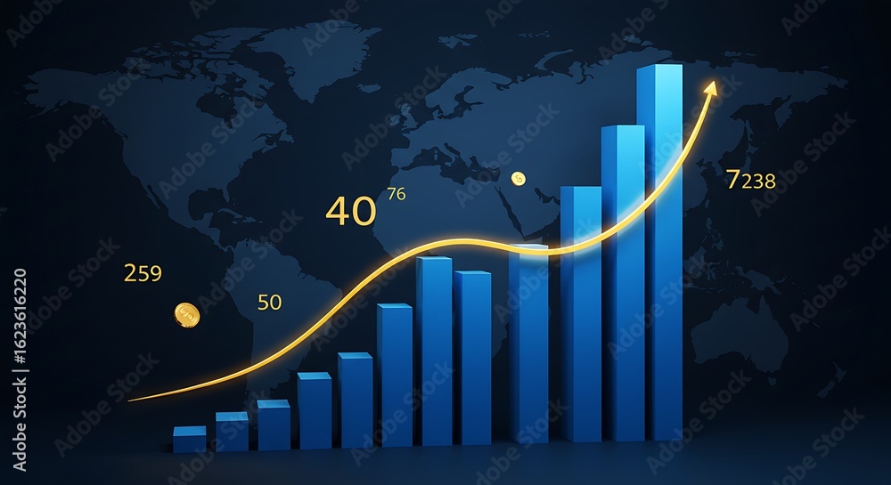 Poster blue bar graph showing upward trend with golden line overlay against a dark world map background