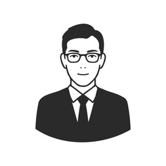 Black and white illustration of young asian male in suit and glasses