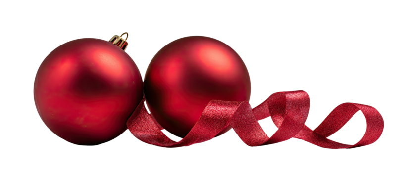Two glossy red Christmas ornaments with a red ribbon
