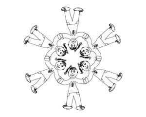 Children Holding Hands in a Circle Formation..  Black and White Coloring Book Like Illustrations.