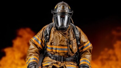 Firefighter walks through flames, demonstrating his determination and professionalism. Hero in a fiery environment: a firefighter in full gear, ready to do his job. Perfect for safety and rescue theme