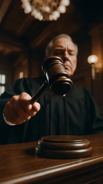 Low-angle close-up of a judge's hand hitting a wooden gavel on a sound block. Authoritative moment with the judge hand in sharp focus while the courtroom and the man remains softly blurred.