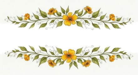 Two horizontal floral borders with yellow flowers green leaves and delicate vine tendrils on a white background