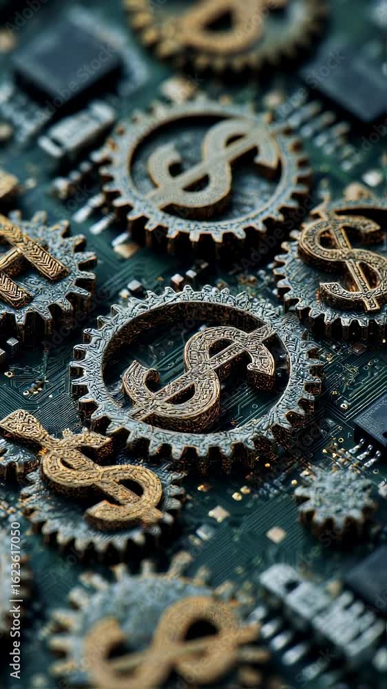 Poster a detailed closeup of a circuit board features a dynamic assembly of metallic gears and cogs intrica