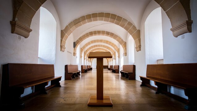 Empty church hall with pews and arched ceiling