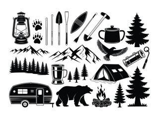 Mountain camping silhouette icon set for outdoor scenery Vector illustration