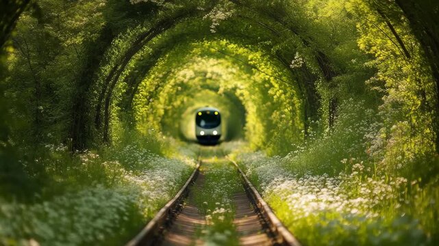 A scenic view of a green tunnel formed by trees along a railway track. A train is visible in the distance, surrounded by lush foliage and wildflowers.