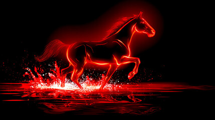 Chinese New Year 2026, zodiac sign horse, digital power and energy symbol. Dynamic red glowing horse illustration with water splashes. 