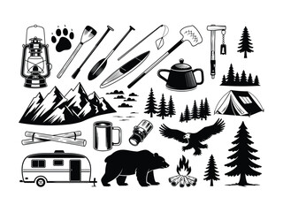 Outdoor camping adventure silhouette icons for explorers Vector illustration
