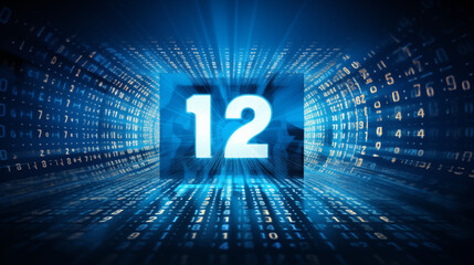 Glowing number twelve in a blue digital tunnel with binary code and light rays surrounding it