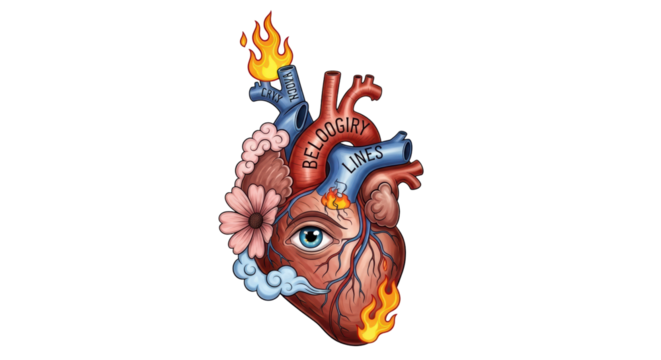 Isolated Anatomical Heart with Flowers and Flames