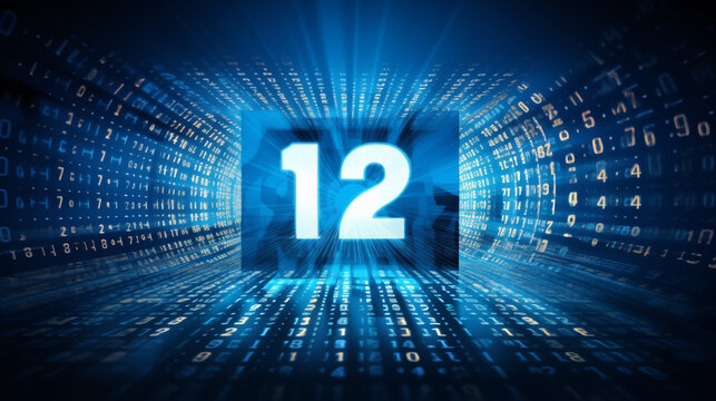 Glowing number twelve in a blue digital tunnel with binary code and light rays surrounding it