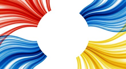 Abstract swirl design with red blue and yellow lines against a white background