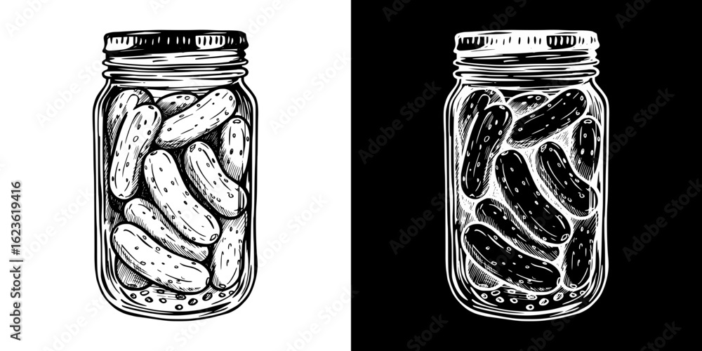 Poster isolated vector image of narrow jar of pickles, two design variants on transparent and black backgro