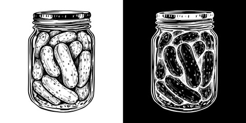 wide jar of pickles, isolated vector image, two design variants on transparent and black background, pencil drawing, chalk drawing
