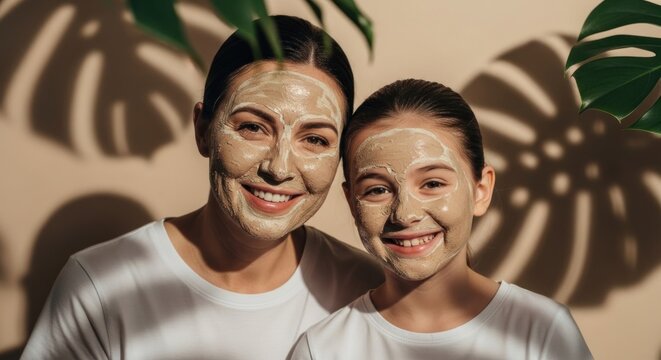 Mother and daughter with face masks, tropical shadows