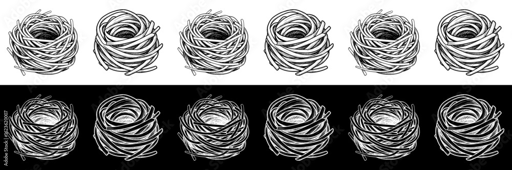 Poster isolated vector image of pasta nests in seamless border design, two design variants on transparent a