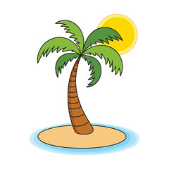 Palm tree with sun tropical island summer holiday art Vector illustration