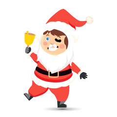 Set of cartoon Christmas illustrations isolated on white. Funny happy Santa Claus character with gift, bag with presents, waving and greeting.