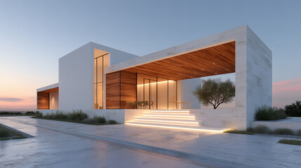 Obraz premium Casa moderna minimalista con iluminación cálida al atardecer