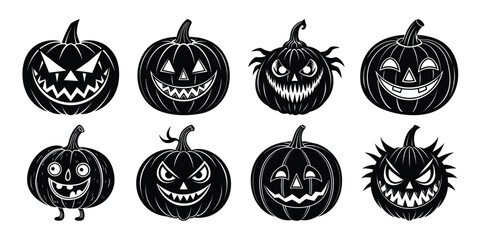 Vector art of collection of eight scary and spooky carved halloween jackolantern pumpkins with different expressions.