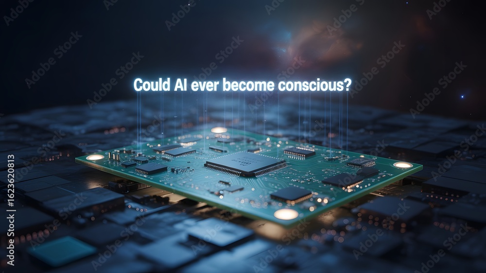 Poster a single intricate circuit board with a central processor, exploring the futuristic and philosophica
