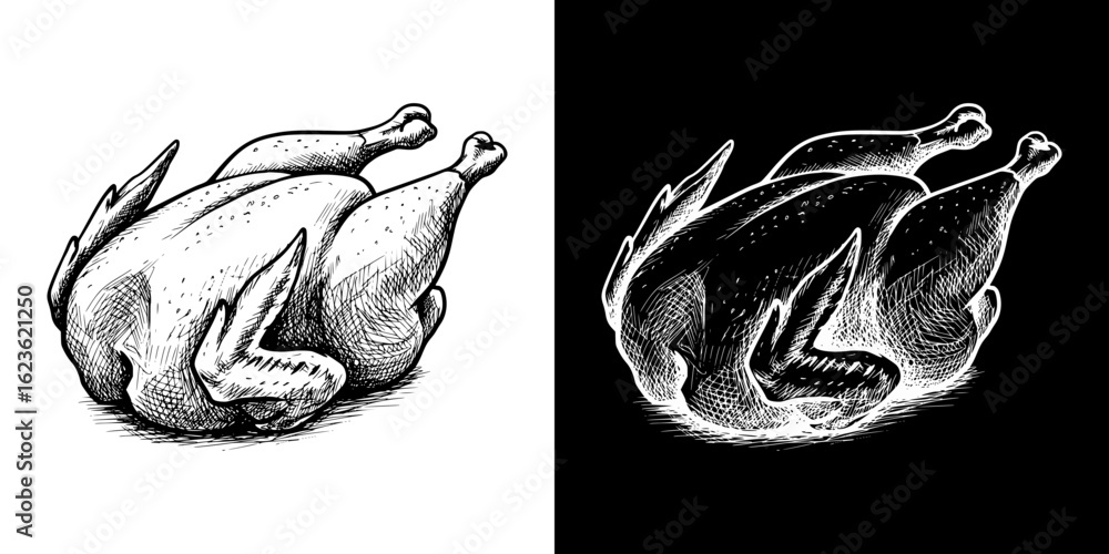 Poster isolated vector image of a roasted chicken in pencil and chalk drawing style, two design variants on