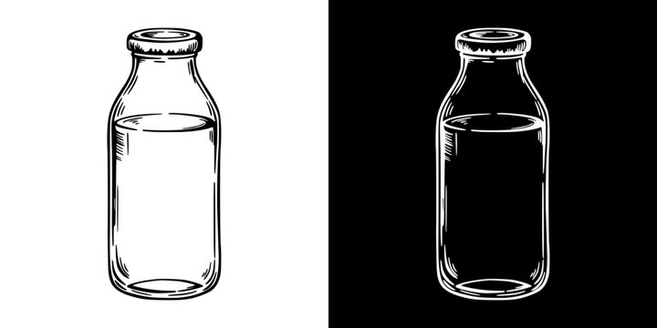 Glass milk bottle isolated vector image, two design variants on transparent and black background, pencil drawing, chalk drawing  