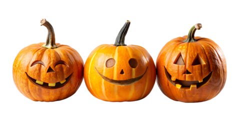 Three happy carved halloween jack o lantern pumpkins with funny faces isolated on transparent background