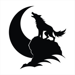 Silhouette of a wolf howling at a crescent moon on a rocky outcrop
