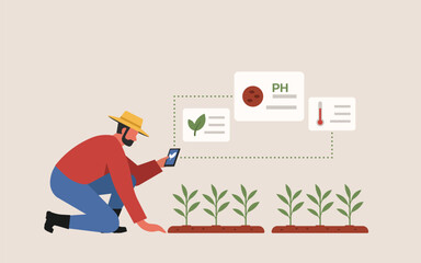Farmer check crop health data using smartphone in smart farm. Interface show soil ph, temperature and leaf condition for precision agriculture. Flat vector illustration