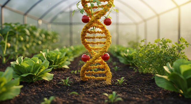 Surreal Harvest: A Golden DNA Helix Plant Yielding Tomatoes in a Sunlit Greenhouse
