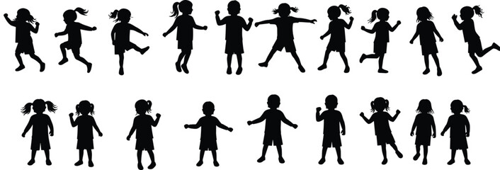 Silhouettes of diverse dancing children, joyful movement, playful kids activities, childhood fun, energetic youth, lively posture, vector art illustration