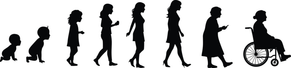 Silhouettes of female life stages, from infancy to old age, representing growth, aging, development, human evolution, life journey, womanhood