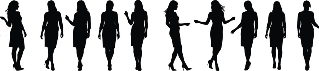 Silhouettes of stylish women in elegant fashion poses, black and white illustration, chic modern design, artistic vibe