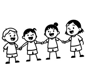 Four cartoon children holding hands and smiling in a black and white line drawing illustration style image