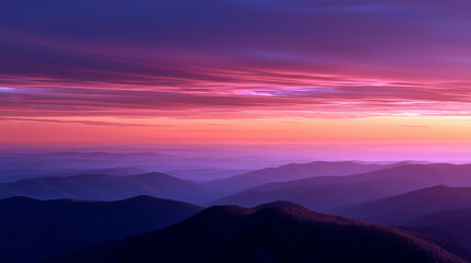 Obraz premium Dramatischer Sonnenuntergang über Bergen mit violetten und rosa Farbverläufen am Himmel