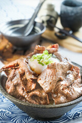 Japanese-style Grilled Beef Donburi with Onsen Egg and Scallions served in bowl closeup side view of main course
