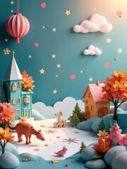 Cozy autumn village with deer, colorful trees, and hot air balloons under a starry sky.