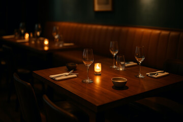 Cozy warm restaurant interior table setup with candle light wine glasses plates elegant dining ambient modern bar casual seating stylish hospitality atmosphere evening dinner indoors hospitality luxur