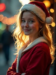 Smiling young woman wearing a Santa hat and red coat enjoying a festive Christmas evening.