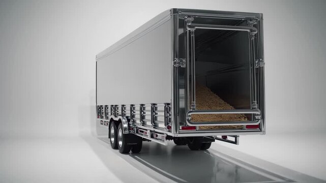 Shiny silver truck trailer loaded with wood pellets, presented on a pristine white background, showcasing various angles and close ups of the cargo